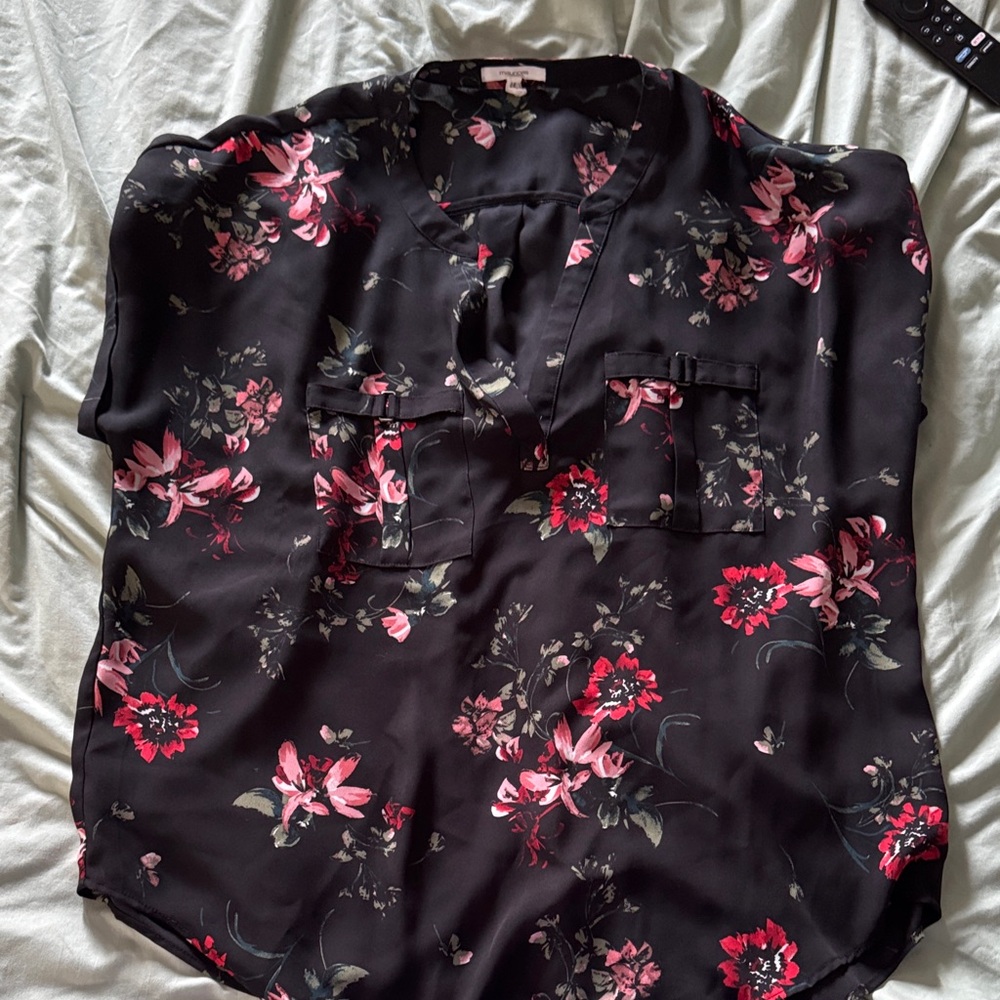 Maurices Black Blouse with Pink Floral Print